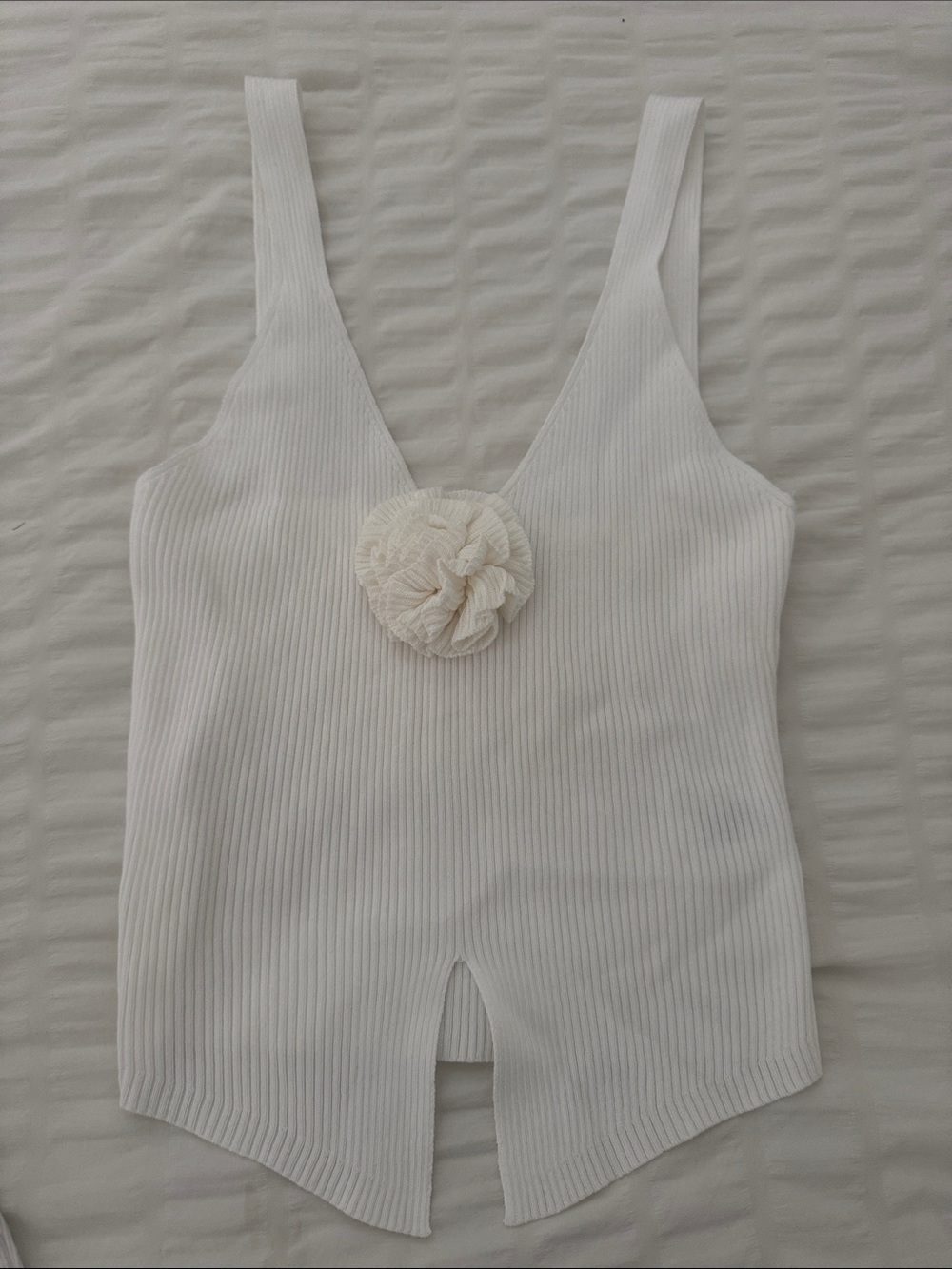 Cream Ribbed V-Neck Tank with Flower Accent